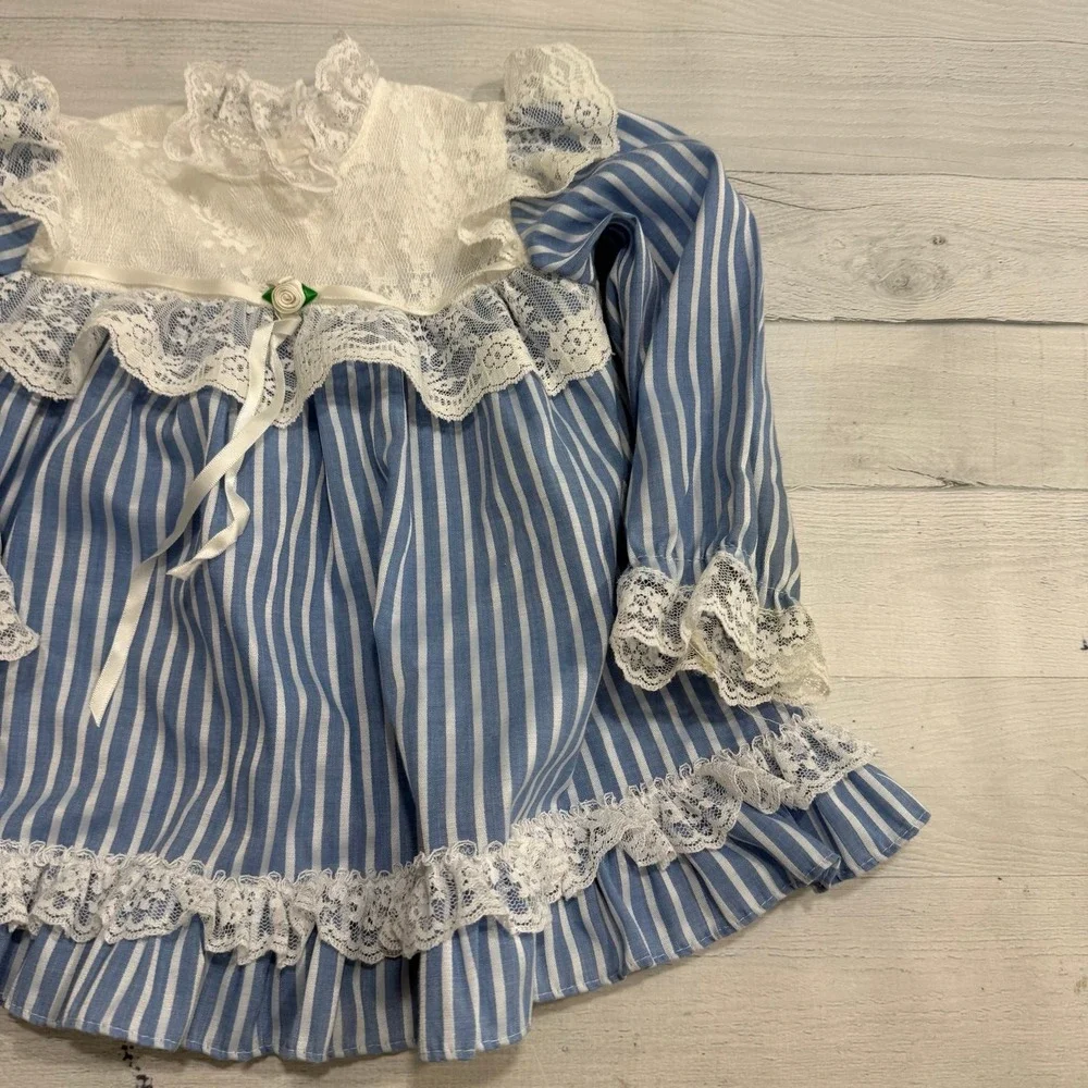 Vintage hugs & kisses baby girl blue white stripes lace dress 24 months